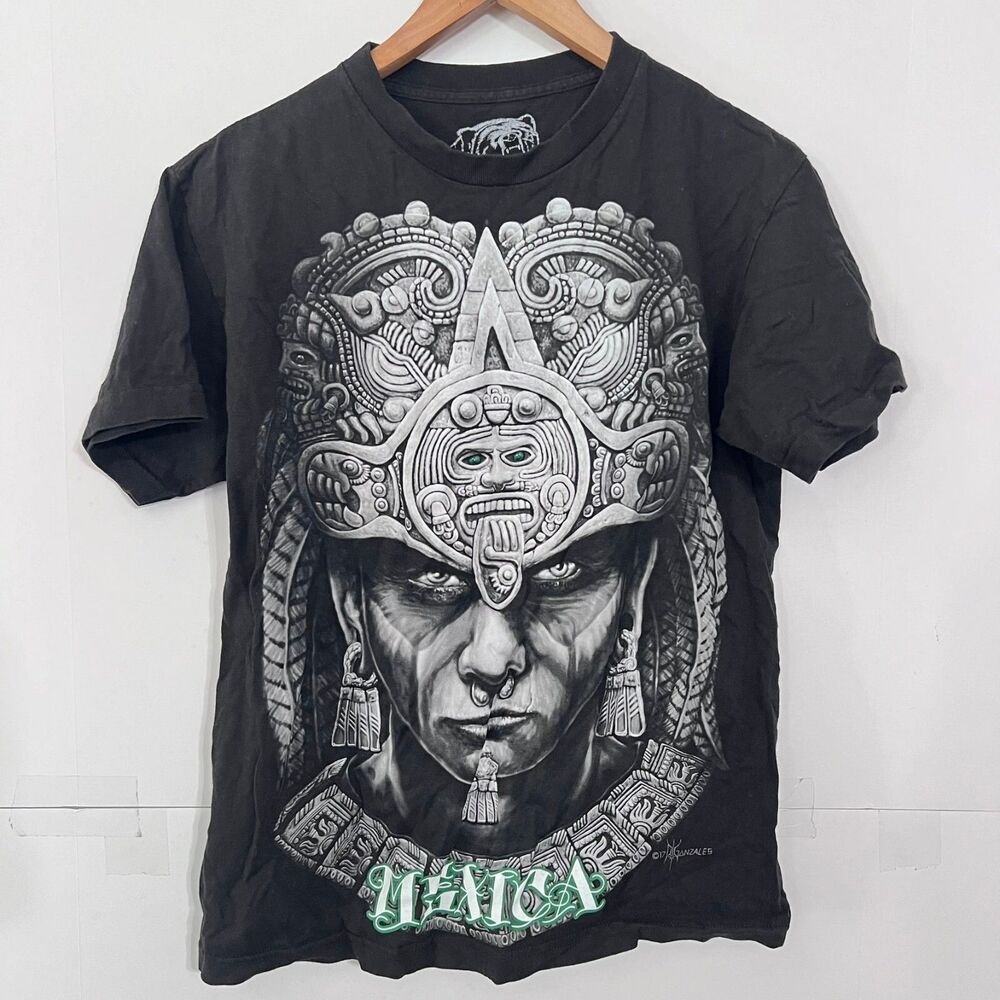 Dga Mens T-Shirt Size M Black Tribal Aztec Warrior All Overprint Mexico